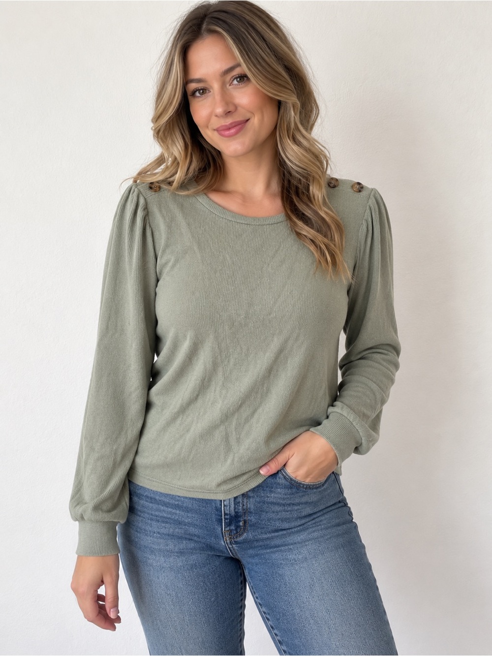 LC Lauren Conrad Sage Green Button-Shoulder Long Sleeve Tee
